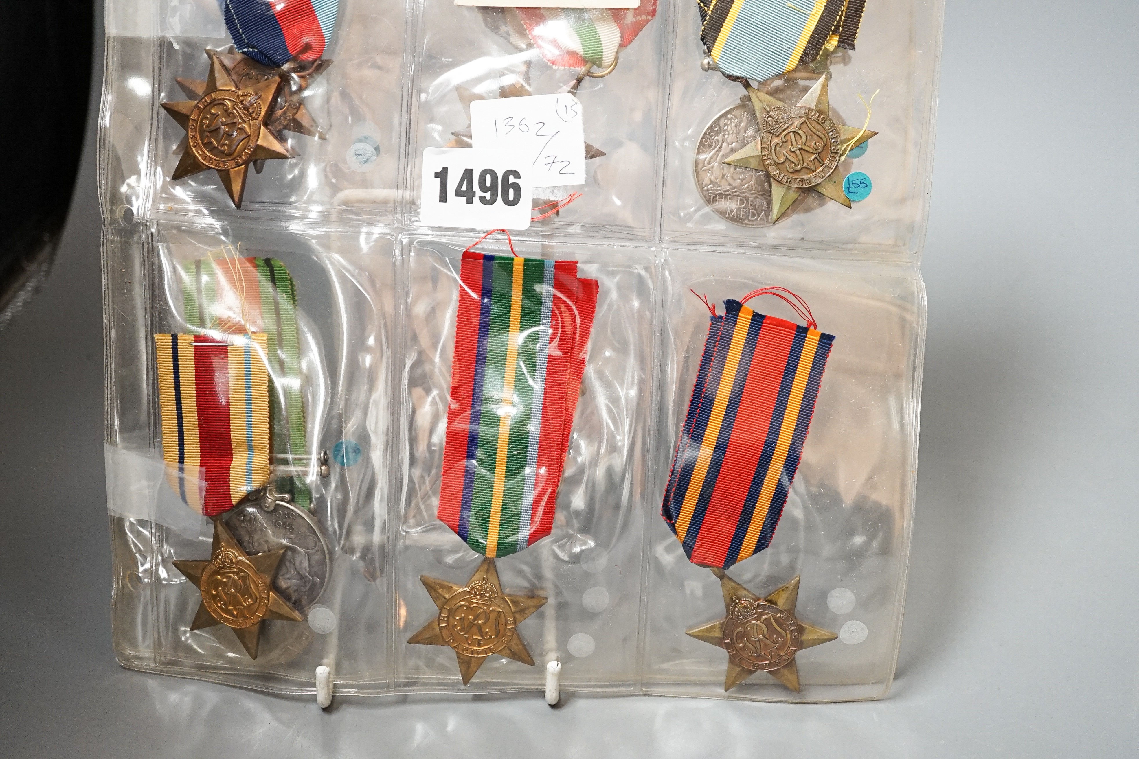 Fifteen unnamed WW2 medals to include Aircrew Europe star, 1939-1945 star (two), the Africa star, the Pacific, the Burma star, The Italy star (two), the Defence medal (two), France and Germany star, Canadian silver Defen
